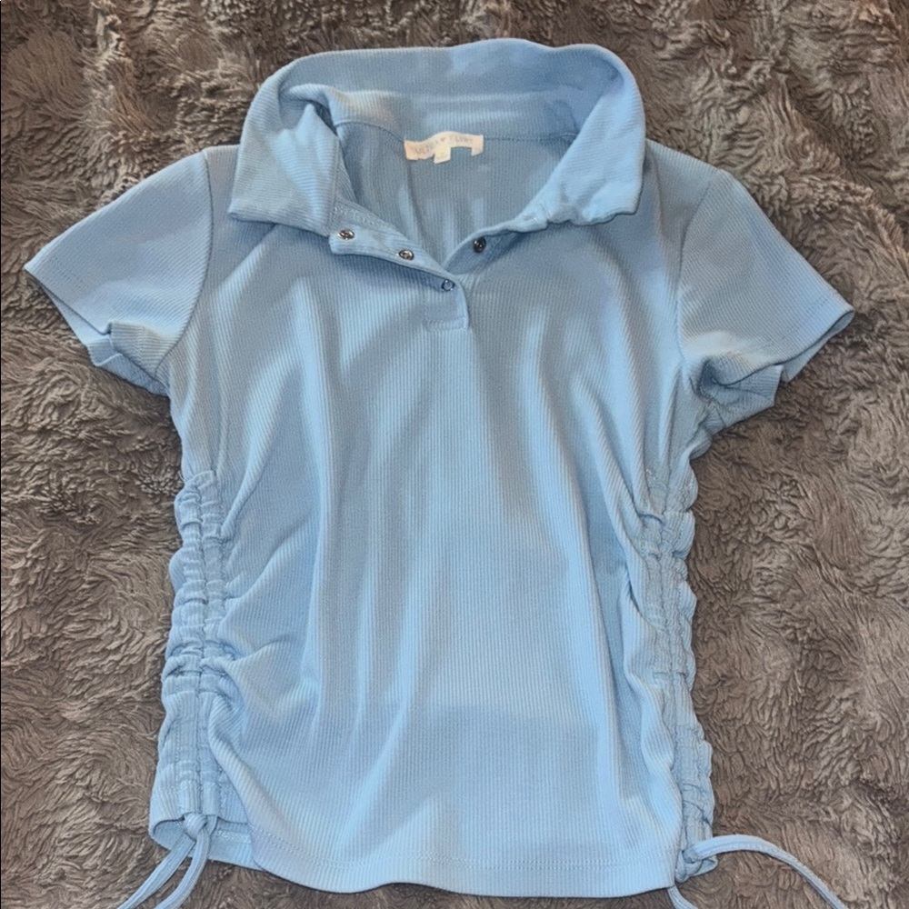 Ultra Flirt Blue Ruched Button Down Polo